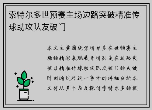 索特尔多世预赛主场边路突破精准传球助攻队友破门