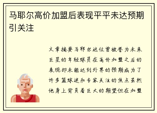 马耶尔高价加盟后表现平平未达预期引关注